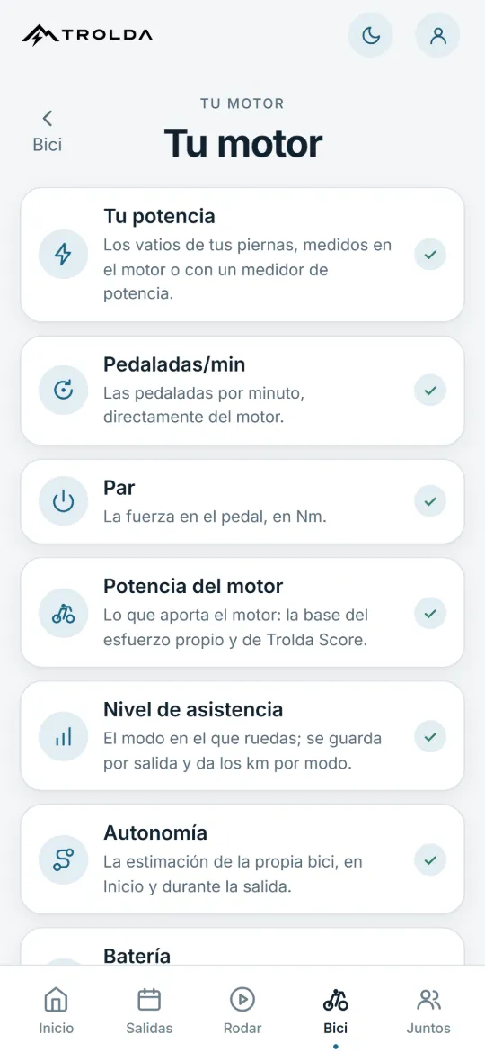 La pantalla Tu motor en Trolda con vatios del ciclista, cadencia, par y vatios del motor.