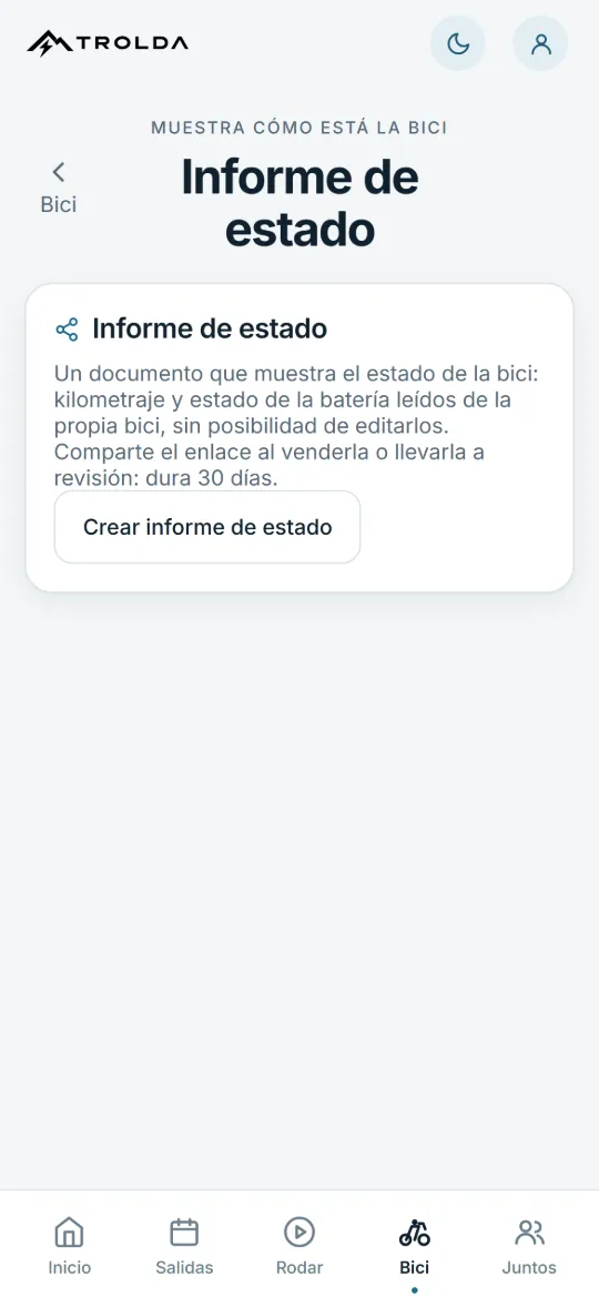 La pantalla Informe de estado en Trolda con el botón para crear un informe.