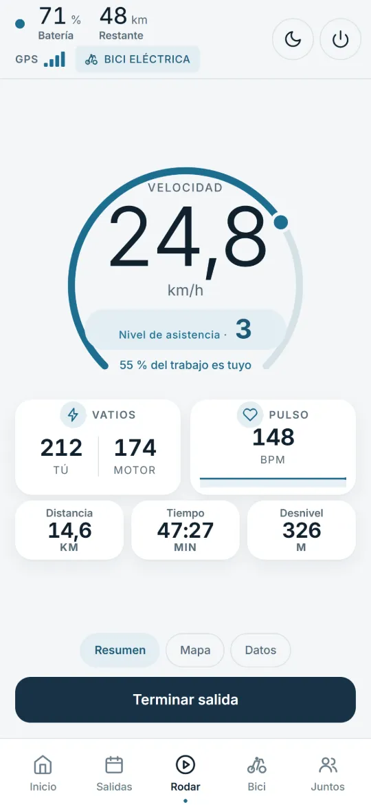 La pantalla de ruta de Trolda en plena salida: velocidad, vatios del ciclista y del motor, pulso y distancia.